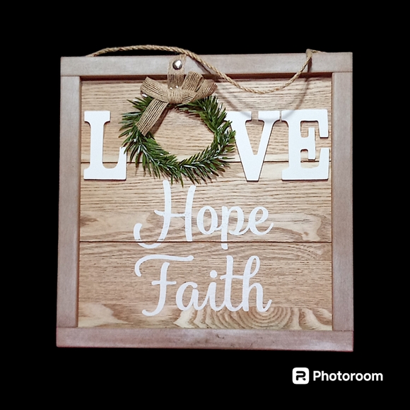 Sentiment with Burlap Bow Wreath Wall Decor, 12"×12" frame, (HOPE/LOVE) … - Picture 3 of 7